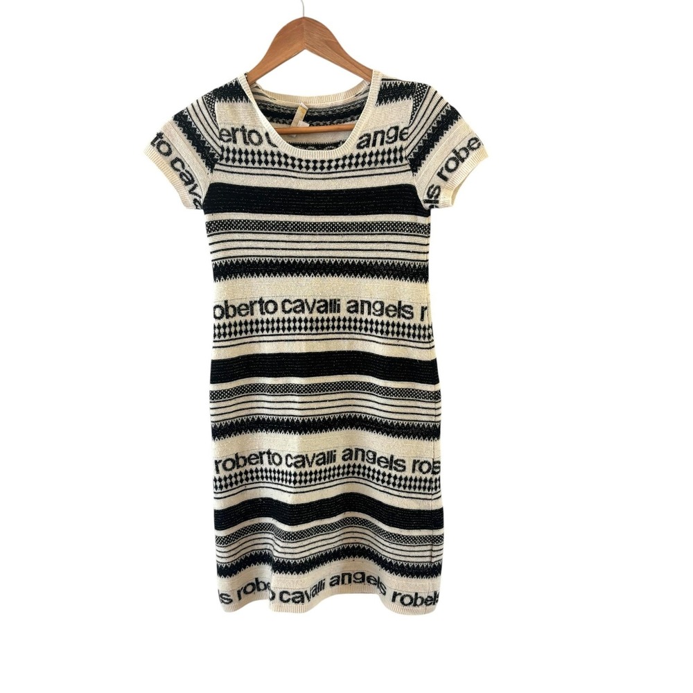 Vtg Roberto Cavalli Angels Sweater Dress Girls 10 White Black Y2K Wool Graphic